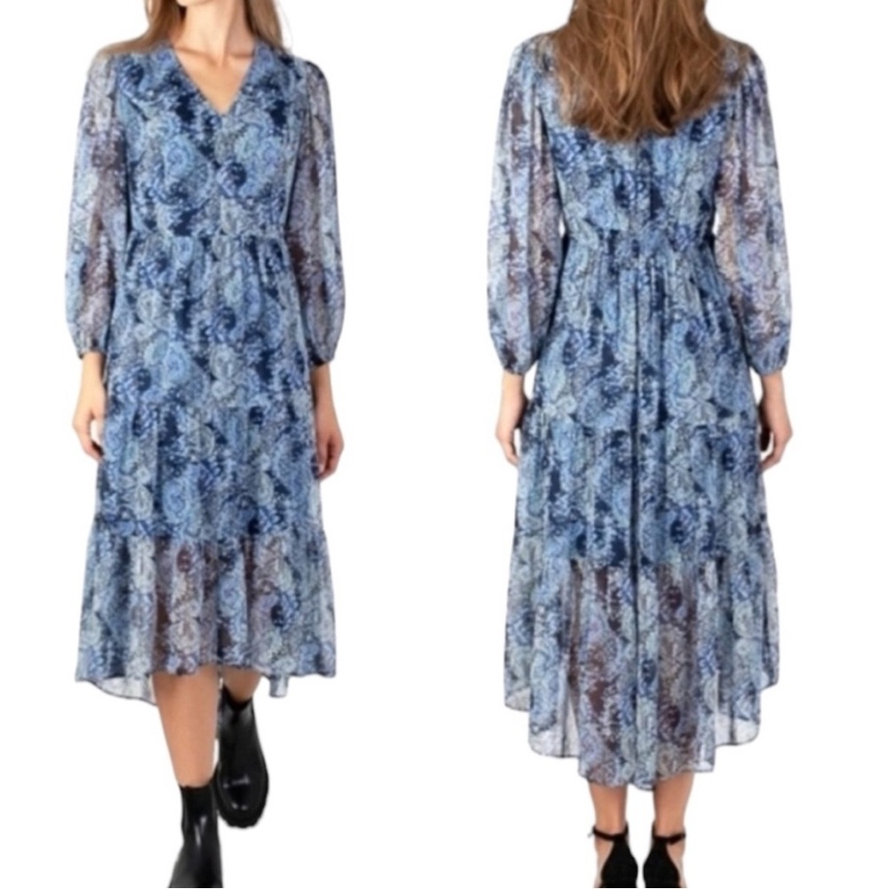 ! JOIE Parisian Paisley Blue Chiffon Balloon Sleeve Tiered Maxi Dress